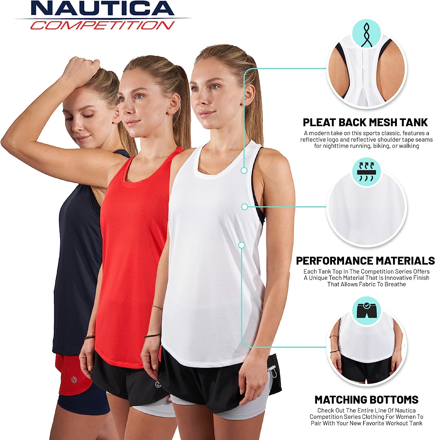 Nautica Competition 3 Pack Workout Tank Tops for Women Active Athletic Gym Workout Running Exercise Yoga Dry-Fit Fabric - Image 8